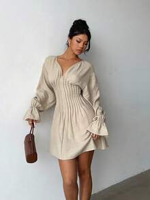 Siren Gaze Women's Casual Solid Color Waist Cinched Dress Winter - Apricot - View 6