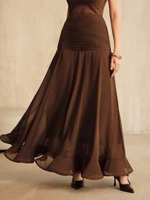 Anewsta Chân váy voan xếp ly cạp cao thanh lịch, màu nâu, thích hợp cho mùa thu, mùa hè, thanh lịch, sang trọng, thường ngày - màu nâu - Xem 4