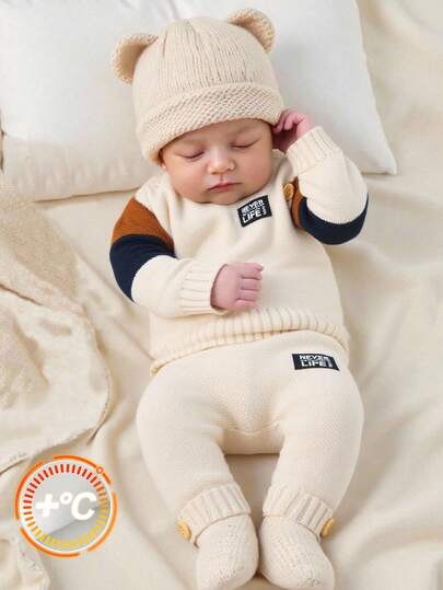 SHEIN 2pcs/Set Toddler Baby Boy/Girl Soft & Comfortable Casual Patchwork Contrast Color Crew Neck Long Sleeve Sweater And Pants Set, Knitted Outfit Suitable For Indoor, Outdoor, Daily Wear, Sports, Play, Party, Photo Shoot, Holiday, All Seasons,In Fall/Winter