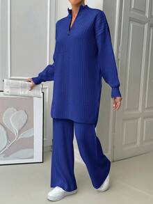 EURMUSE 2 件复古纹理针织套装：白色半拉链长袖运动衫和配套单品 - 寶藍色 - 查看 4