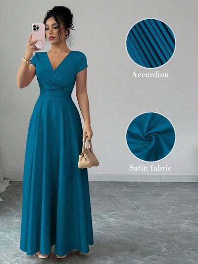 Elenzga Vestido elegante y romántico para mujer con manga corta, cuello en V y cintura ceñida