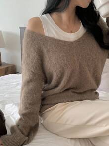 DAZY 女式宽松休闲拼色毛衣，秋冬 - 卡其色 - 查看 1