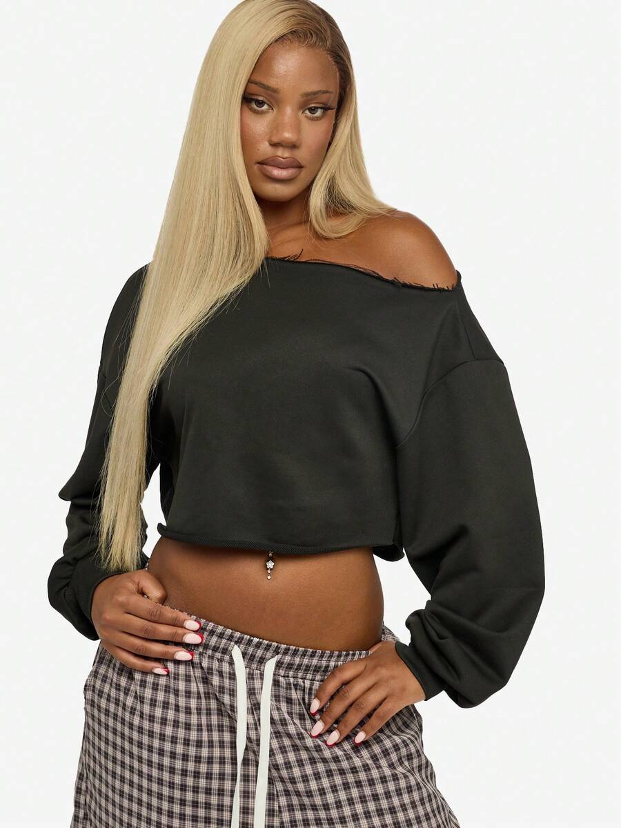 SUMWON WOMEN 休闲露肩短款运动衫长款灯笼袖毛边冬季秋季假日时尚套头衫基本款日常必备 - 黑色 - 查看 1