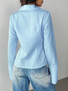 Flirla 女士时尚休闲条纹纽扣长袖衬衫 - 藍色 - 查看 2