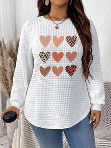 EMERY ROSE Tic-Tac-Toe Heart & Leopard Print Casual Minimalist Plus Size Waffle Sweatshirt In Fall/Winter
