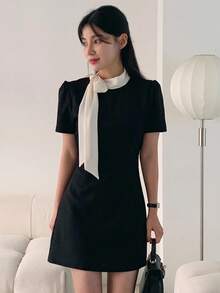 DAZY 女士立领蝴蝶结腰收腰短裙太阳裙、迷你裙、休闲女装 - 黑色 - 查看 6