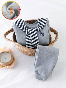 SHEIN Playful Pals 男婴三件套刺绣图案圆领保暖卫衣和条纹披肩领长裤套装，秋冬季婴儿休闲套装，婴儿秋季服装，婴儿运动服，婴儿冬季服装，婴儿运动服，男婴服装，男婴套装，男婴秋季服装，男童秋季套装 - 灰色 - 查看 3