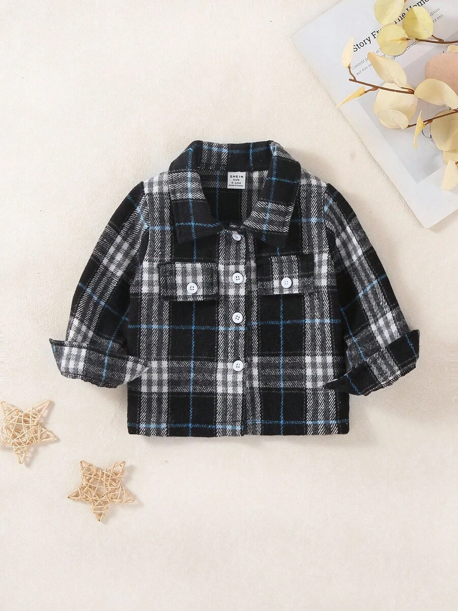 Souflis Souflis 男婴格子印花翻盖单排扣休闲上衣 - 黑色 - 查看 1