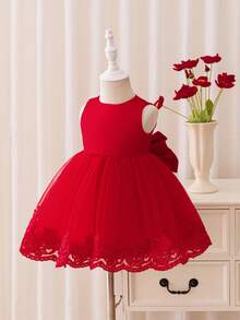 Glamorique Kids 女婴红色薄纱荷叶边连衣裙，蝴蝶结后背设计，优雅迷人，适合日常派对、聚会，展现女孩的高贵、优雅和纯真 - 紅色 - 查看 7