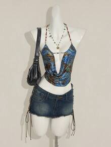 SHEIN ICON Women's Bohemian Style Floral Print Beaded Halter Backless Sexy Camisole