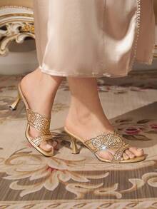 CUCCOO TILAWA Women's Glamorous Summer Gold Glitter Rhinestone Embellished High Heel Slide Sandals - Gold - View 4