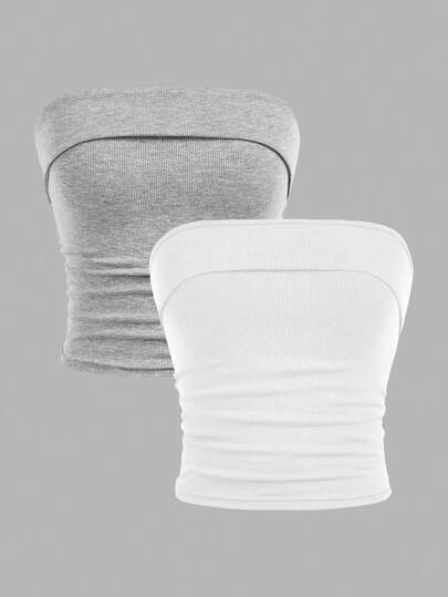 SHEIN Girlism 2pcs/Set Teen Girl Minimalist Comfortable Ruched Bandeau Bralette