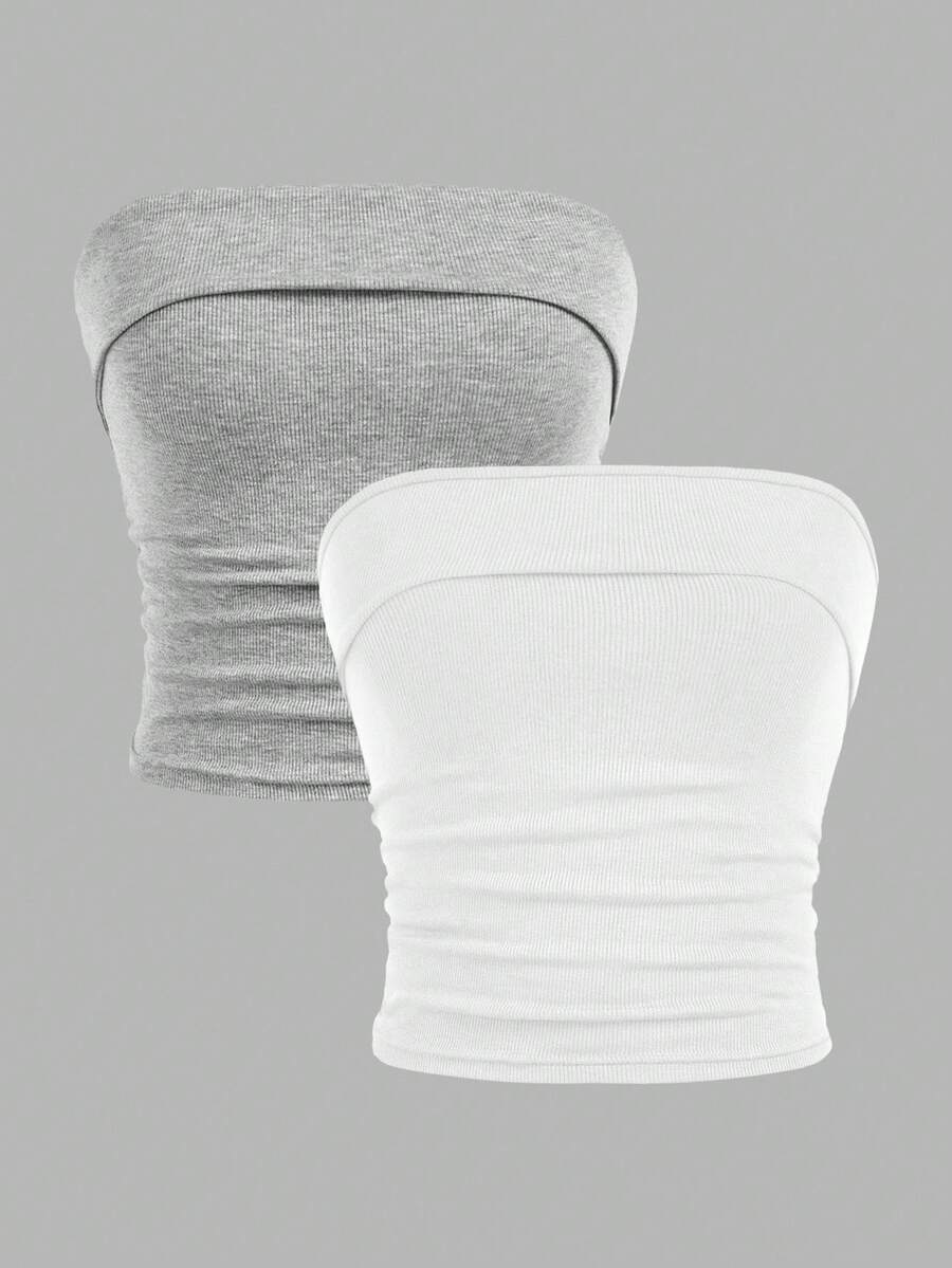 SHEIN Girlism 2pcs/Set Teen Girl Minimalist Comfortable Ruched Bandeau Bralette - Multicolor - View 1