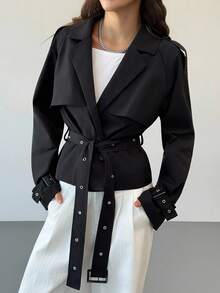 Aloruh 女式纯色翻领长袖孔眼腰带设计休闲风衣，秋季 - 黑色 - 查看 7