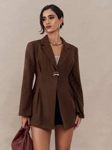 Modelyn Women's Solid Color Lapel NeckLong Sleeve Metal Decor Casual Office Blazer Jacket, Autumn - Brown - View 5