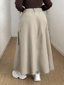 Maweii Chân váy dài dáng chữ A xẻ tà cỡ lớn, thường ngày đi làm, thu/đông - Màu Khaki - Xem 2
