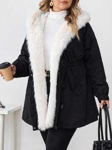 SHEIN CURVE+ 大码冬季服装蓬松拼接连帽长袖加厚棉服 - 黑與白 - 查看 5