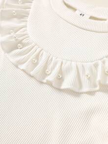 SHEIN 2pcs/Set Young Girls Cute Round Neck Pearl Embellished Ribbed Long Sleeve Top And Comfortable Coffee Color Pocket Shorts, Autumn/Winter T-Shirt Outfit - White - View 3