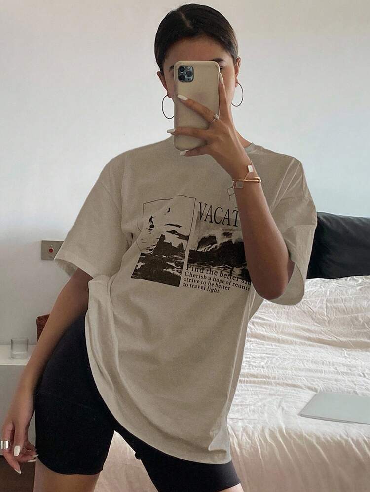 Loose Short Sleeve Round-Neck Women T-Shirt With Letter Pattern Print Summer Graphic Tee Oversized T-Shirt