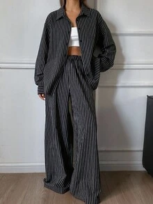 Livesso Bộ 2 món áo len cardigan kẻ sọc công sở rộng rãi, thoải mái cho nữ và quần ống rộng, phù hợp cho mùa thu đông - màu đen - Xem 3