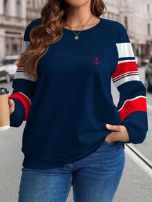 EMERY ROSE Sweat-shirt-shirt décontracté pour grandes tailles pour femmes, style collégial à rayures rouges et bleues, ambiance bohème et campagnarde pour les vacances, pour l'automne/l'hiver