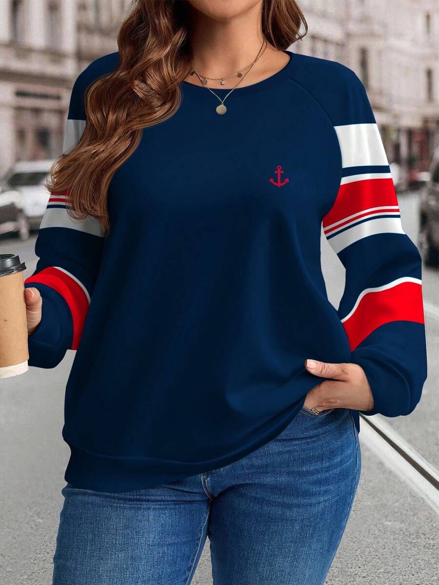 EMERY ROSE Sweat-shirt-shirt décontracté pour grandes tailles pour femmes, style collégial à rayures rouges et bleues, ambiance bohème et campagnarde pour les vacances, pour l'automne/l'hiver