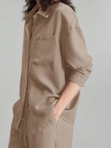 Ontre 2025 秋季女式两件套服装，搭配家居服，海滩度假装，长裤+长袖衬衫套装，音乐节派对商务休闲办公室优雅衬衫 - 卡其色 - 查看 4