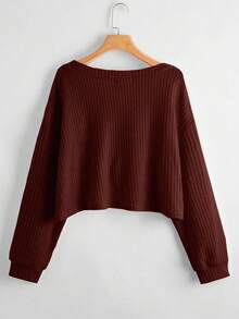 SHEIN Unity Women's Casual V-Neck Drop Shoulder Long Sleeve Loose T-Shirt, Autumn - Redwood - View 2