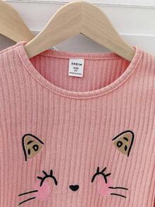 SHEIN Elladie kids 5件装 女童可爱罗纹猫咪刺绣+豹纹圆领长袖T恤 秋冬可爱上衣 女童可爱上衣 女童长袖上衣 猫咪女童服装 - 彩色 - 查看 4