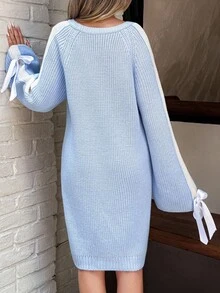 Casual Crew Neck Color Block Balloon Sleeve Bow Tie Cuffs Mini Knit Dress Baby Blue Sweater Dress Jumper Dress Blue Knit Dress With Bows Sweater Dress With Bows,Winter Dresses For Women,Dresses For Women,Jumpers For Women,Winter Dresses