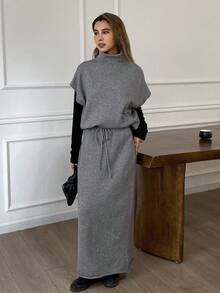 Livesso Women's Solid Color Casual Loose High Neck Sleeveless Knit Vest And Straight Skirt 2-Piece Set, Autumn/Winter - Grey - View 5