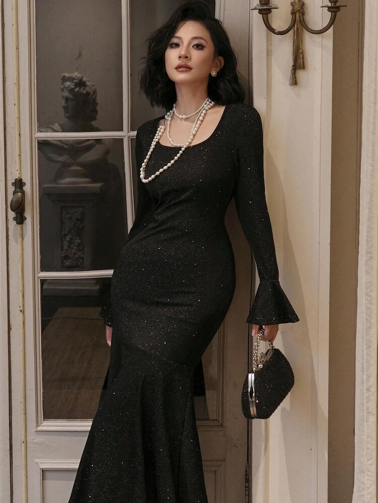 Women's Elegant Square Collar Fishtail Midi Dress, Autumn Luxury Prom Dress Sparkly Dress