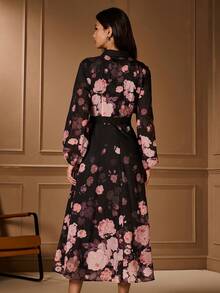 Lilora 女士休闲通勤花卉印花连衣裙秋季女士服装优雅端庄办公室工作、活动、日常、度假女士花卉中长连衣裙优雅花卉连衣裙女士优雅长袖花卉连衣裙长袖优雅连衣裙花卉长袖连衣裙 - 彩色 - 查看 2