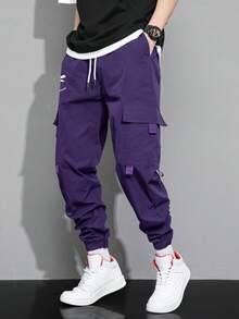 Claim Dot Men Cartoon Printed Drawstring Waist Flap Pocket Loose Jogger Cargo Pants, Fall - Purple - View 8