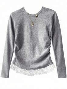 INAWLY Women's Crew Neck Long Sleeve Ruched Lace Ruffle Hem Casual T-Shirt - Light Grey - View 3