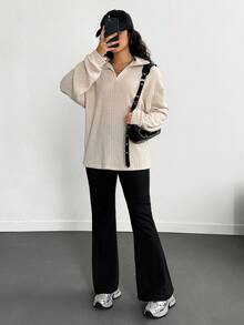 2 pièces Tenue décontractée pour adolescente en automne/hiver, comprenant un Top tricoté avec design à demi-zip pour un enfilage facile et un pantalon noir simple, convenant aux activités scolaires ou de plein air quotidiennes - Nude - Voir 4