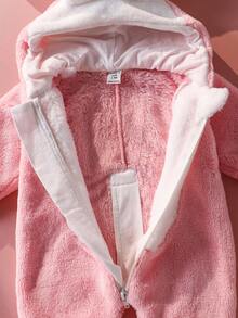 SHEIN 新生儿可爱3D蝴蝶结兔耳连帽长袖连体衣秋冬款 - 淺粉色 - 查看 8