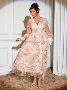 Auvina 新款网眼花卉印花连衣裙，适合晚会、约会、下午茶、生日、婚礼、松紧腰连衣裙、休闲大码连衣裙 - 彩色 - 查看 6