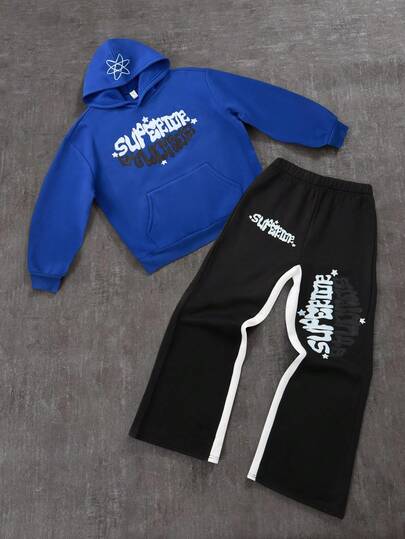 SHEIN Bolty 两件套青少年男童宽松休闲印花连帽衫和运动裤套装；适合秋冬季节；字母印花蓝色连帽外套搭配黑白长裤，冬季套装，冬季服装，秋季穿搭，秋季服装，儿童服装，黑色裤子