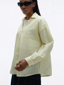 GENKIRA Áo sơ mi nữ dáng suông in sọc, không cần áo ngực, thích hợp mặc đi nghỉ mát. - Màu vàng - Xem 5