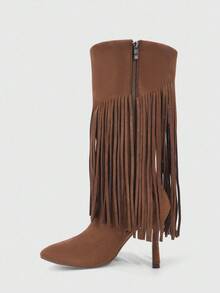 CUCCOO SZL 女士时尚尖头细高跟棕色流苏性感优雅过膝靴 - 摩卡棕 - 查看 8