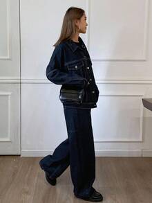 Livesso 女士休闲翻领宽松上衣和阔腿牛仔裤套装，秋季 - 藍色 - 查看 4