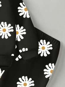 GraphicGems 2 件套女婴休闲时尚可爱甜美花卉雏菊图案圆领运动衫和运动裤套装，秋冬 - 黑色 - 查看 7