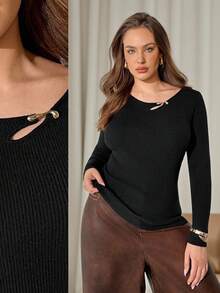 Auralis Plus Size Women's Autumn Black Formal Dinner Evening Slim Pullover Sweater, Fall/Winter - Black - View 4