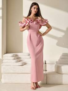 CLARA VERO 3d Flower Effect White Midi Length Dress - Pink - View 5