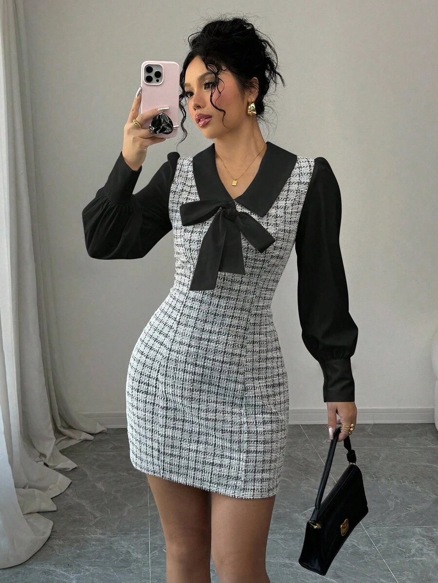 Vestido elegante y romántico para mujer con bloques de color, parches y decoración de lazo, 2 en 1