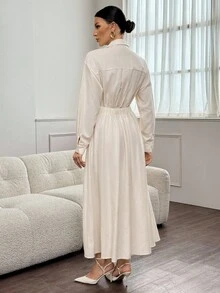 SHEIN Tall 女士米色休闲长腰收腰衬衫裙，优雅百搭，适合聚会、日常穿着和通勤 - 米色 - 查看 2