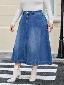EMERY ROSE Rok Mini Denim Korduroi Cuci Vintage untuk Wanita Ukuran Plus, Musim Gugur/Dingin - Dark Wash - View 5