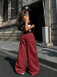 Coolane 女士四季皆宜的演唱会街头风 Y2K 复古外出酒红色阔腿裤 - 酒紅色 - 查看 4
