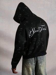 PAVTROS Manfinity Streetrush Men's Cropped Black Zip-Up Cardigan Sweatshirt With Thermal Lined, Sequin Fabric And Graphic, Starry Sky Pattern, Streetwear For Autumn And Winter, Halloween Clothing, INS Streetwear, Men Clothes, Men Cardigan Sweatshirt, Style, Rapper Clothing, Boy Friend Gifts Black Graphic Jacket Star Jacket Sparkly Top Men - Black - View 7
